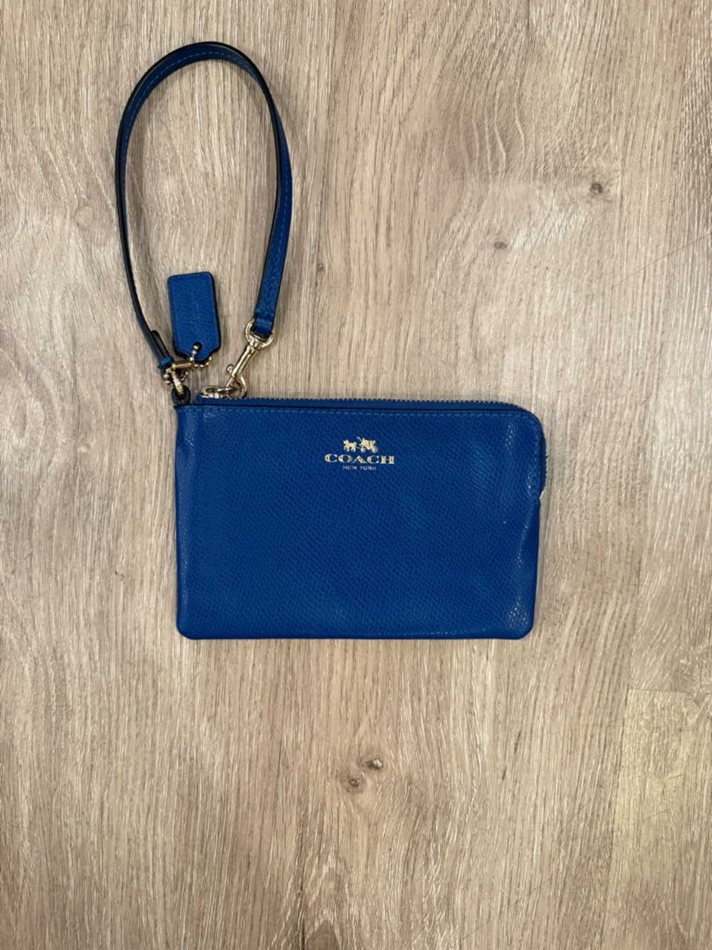 Coach Royal Blue Leather Wristlet with Gold Logo